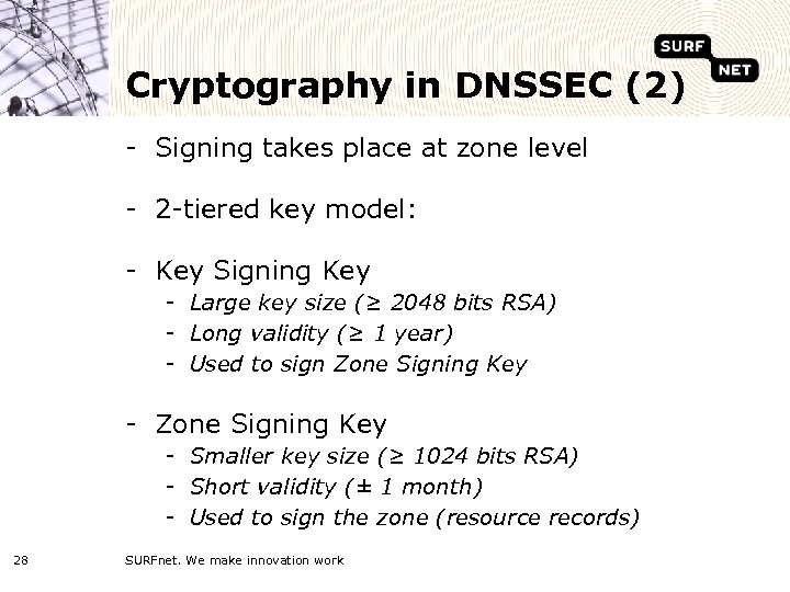 Cryptography in DNSSEC (2) - Signing takes place at zone level - 2 -tiered