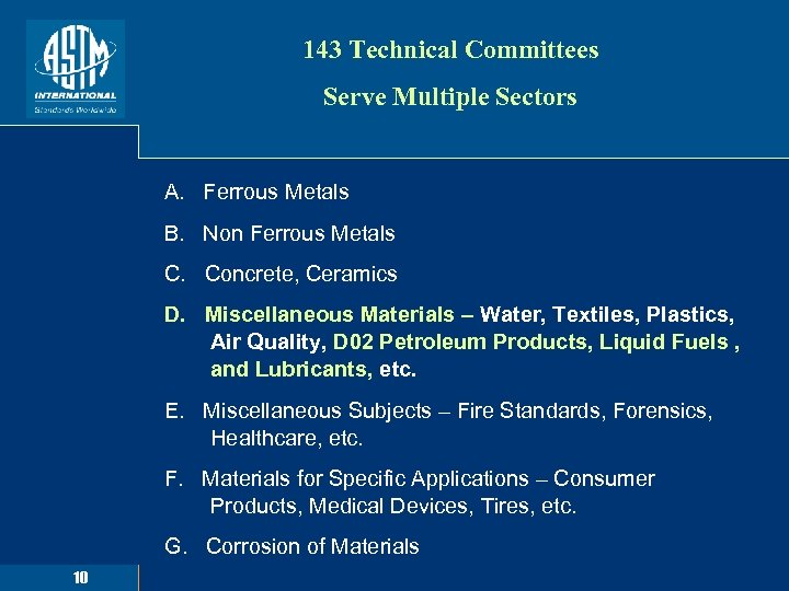 143 Technical Committees Serve Multiple Sectors A. Ferrous Metals B. Non Ferrous Metals C.