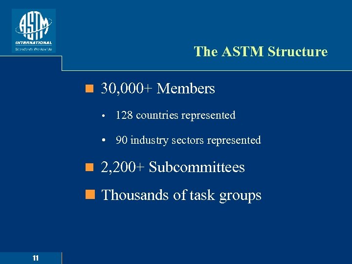 The ASTM Structure n 30, 000+ Members • 128 countries represented • 90 industry