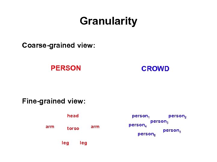 Granularity Coarse-grained view: PERSON CROWD Fine-grained view: person 1 head arm torso person 4