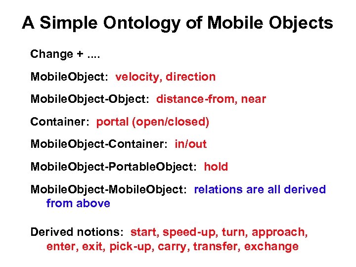 A Simple Ontology of Mobile Objects Change +. . Mobile. Object: velocity, direction Mobile.