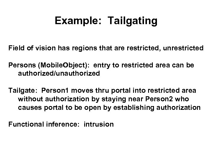 Example: Tailgating Field of vision has regions that are restricted, unrestricted Persons (Mobile. Object):