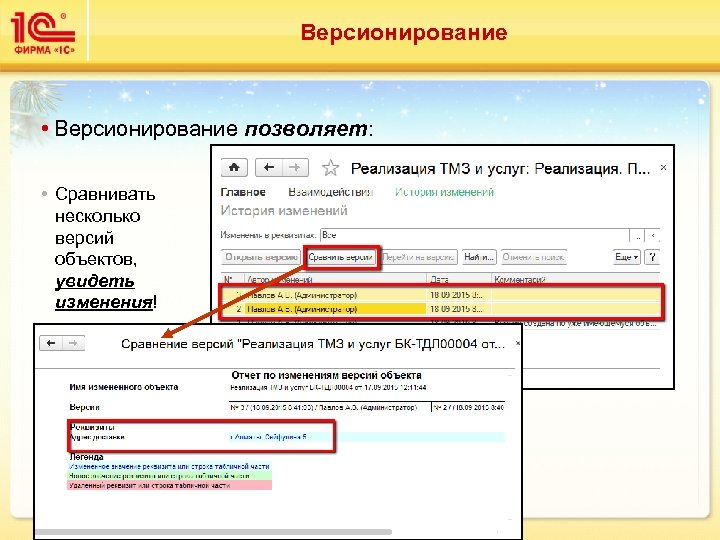 Версионирование • Версионирование позволяет: • Сравнивать несколько версий объектов, увидеть изменения! 