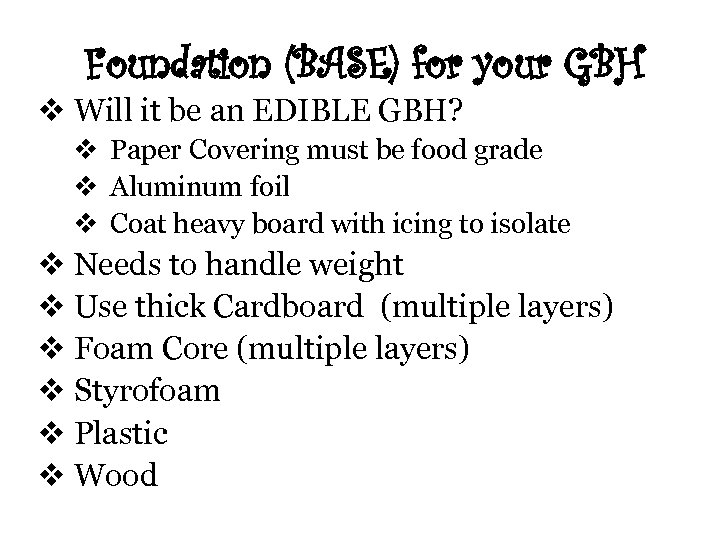 Foundation (BASE) for your GBH v Will it be an EDIBLE GBH? v Paper