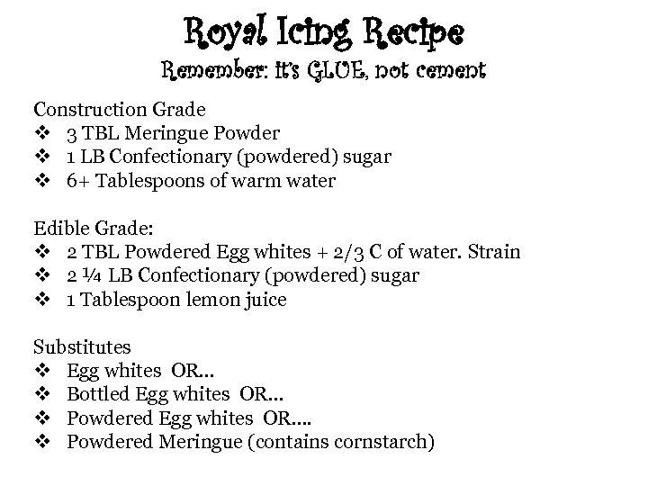 Royal Icing Recipe Remember: it’s GLUE, not cement Construction Grade v 3 TBL Meringue