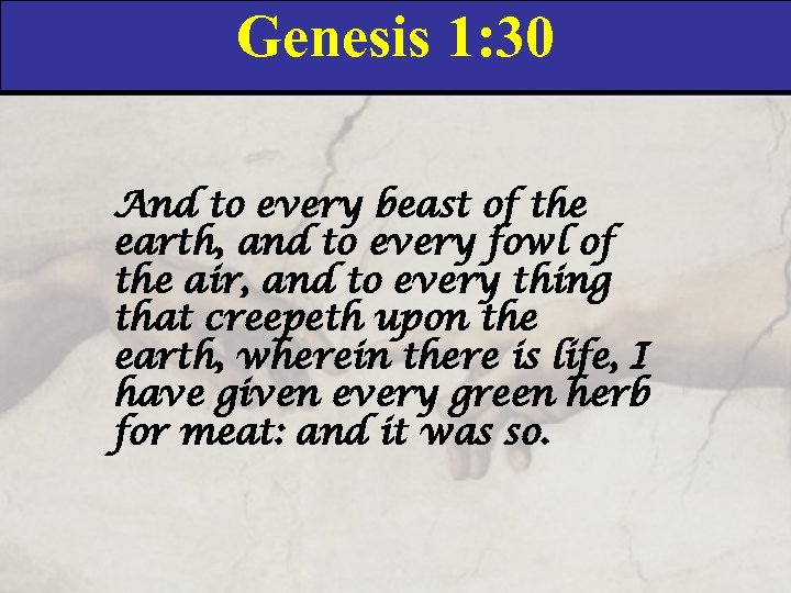 Genesis 1: 30 And to every beast of the earth, and to every fowl