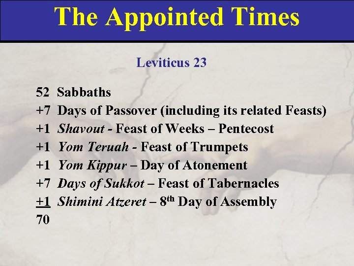 The Appointed Times Leviticus 23 52 Sabbaths +7 Days of Passover (including its related