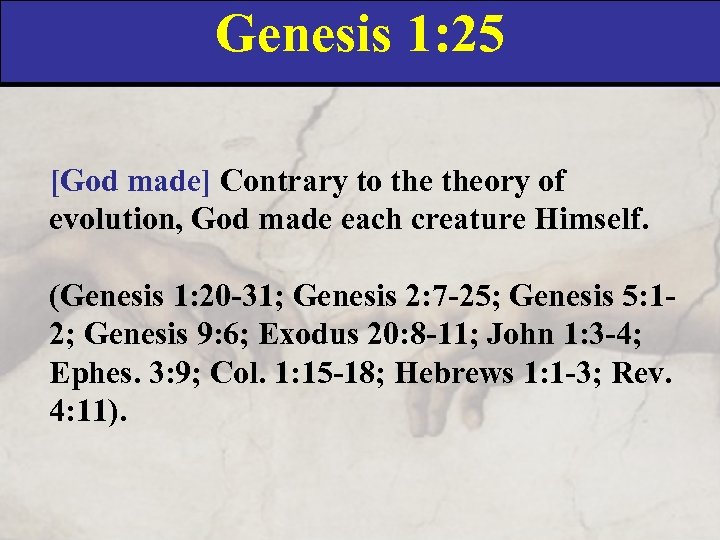 Genesis 1: 25 [God made] Contrary to theory of evolution, God made each creature