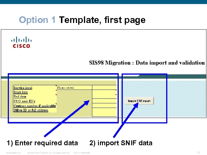 Option 1 Template, first page 1) Enter required data 2) import SNIF data Presentation_ID