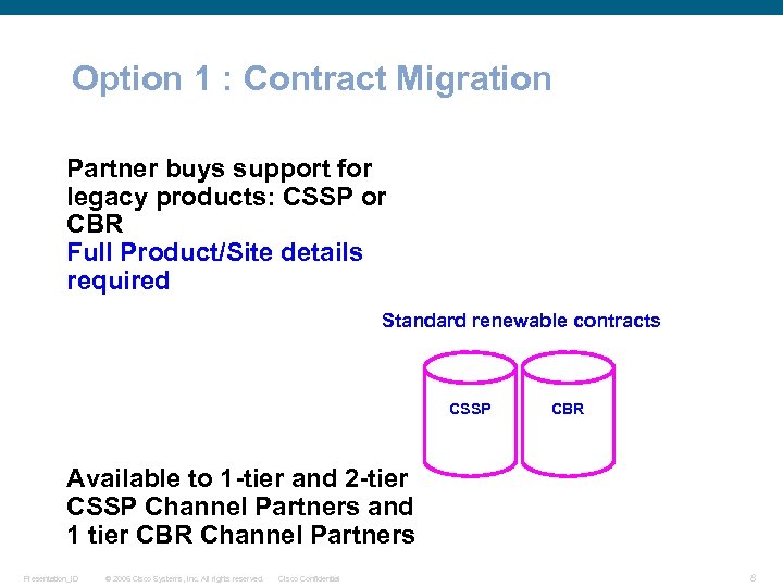 Option 1 : Contract Migration Partner buys support for legacy products: CSSP or CBR
