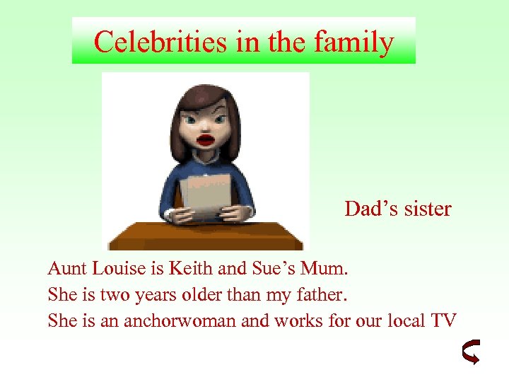 Celebrities in the family Dad’s sister Aunt Louise is Keith and Sue’s Mum. She