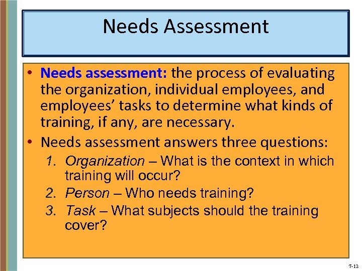 Needs Assessment • Needs assessment: the process of evaluating the organization, individual employees, and