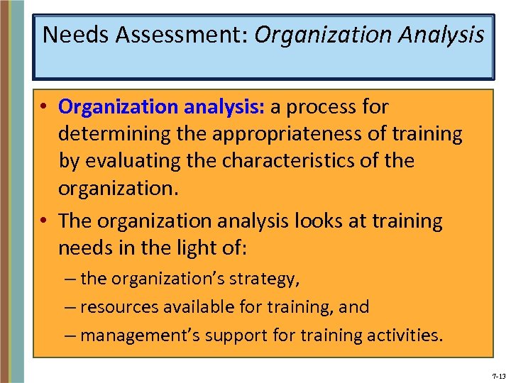 Needs Assessment: Organization Analysis • Organization analysis: a process for determining the appropriateness of