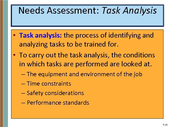 Needs Assessment: Task Analysis • Task analysis: the process of identifying and analyzing tasks