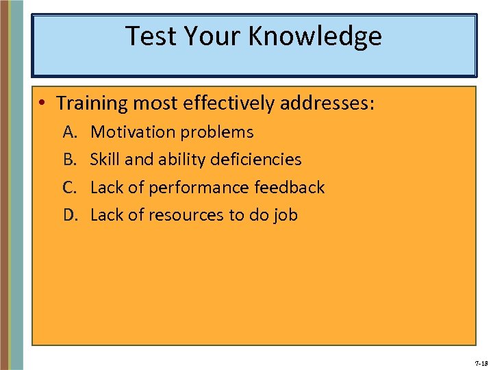 Test Your Knowledge • Training most effectively addresses: A. B. C. D. Motivation problems