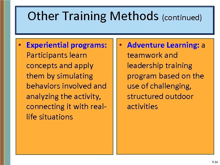 Other Training Methods (continued) • Experiential programs: Participants learn concepts and apply them by
