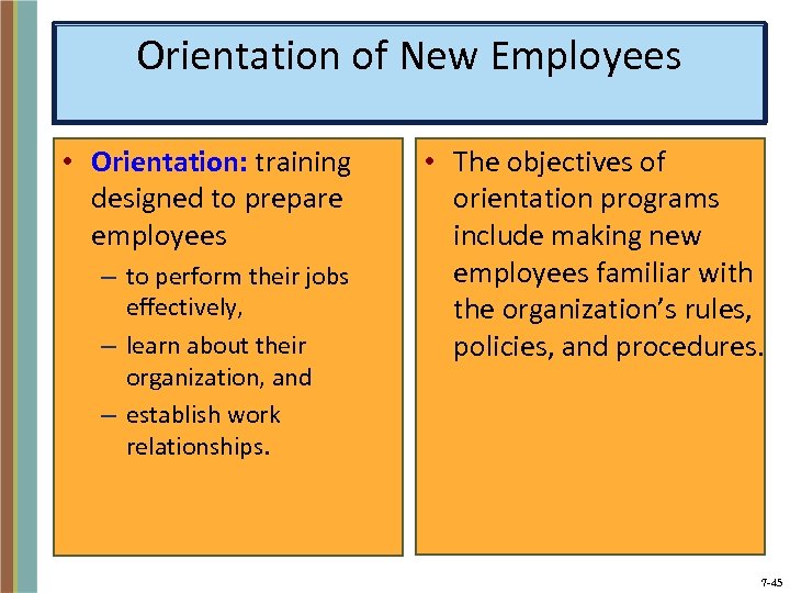 Orientation of New Employees • Orientation: training designed to prepare employees – to perform