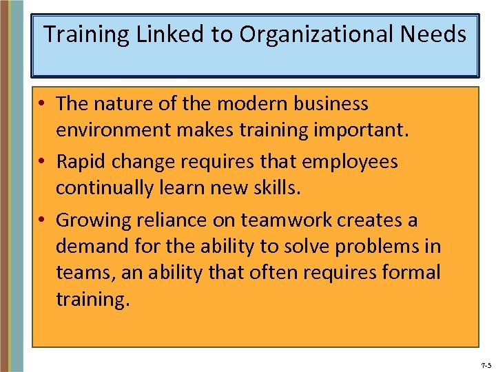 Training Linked to Organizational Needs • The nature of the modern business environment makes