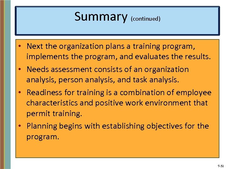 Summary (continued) • Next the organization plans a training program, implements the program, and