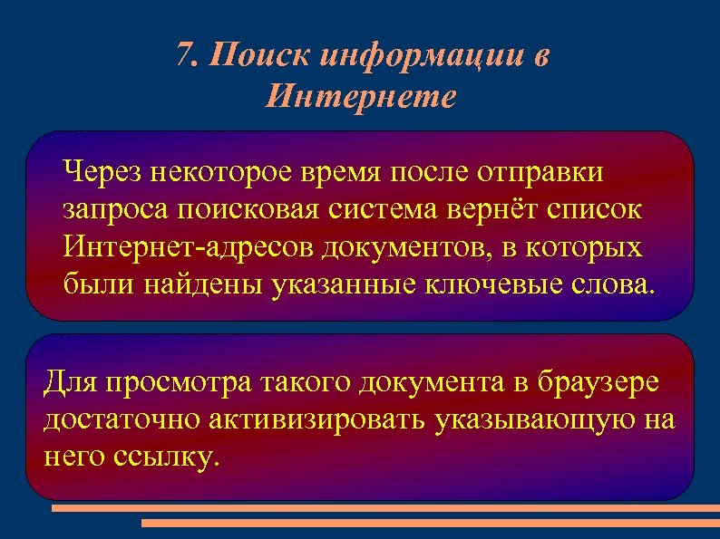 7. Поиск информации в Интернете Через некоторое время после отправки запроса поисковая система вернёт