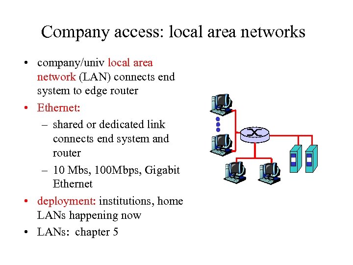 Company access: local area networks • company/univ local area network (LAN) connects end system