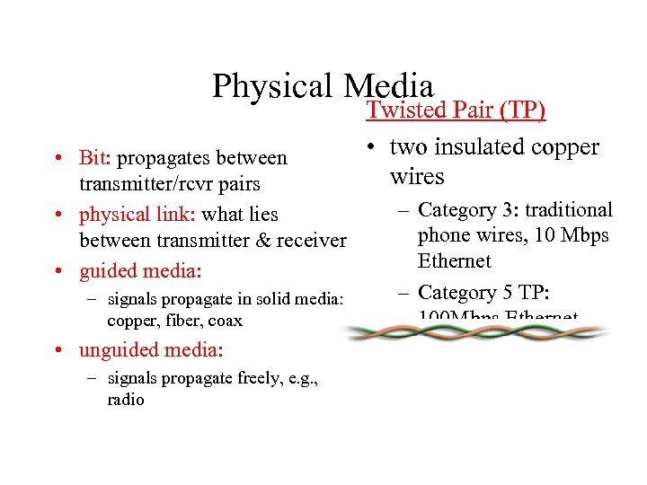 Physical Media • Bit: propagates between transmitter/rcvr pairs • physical link: what lies between