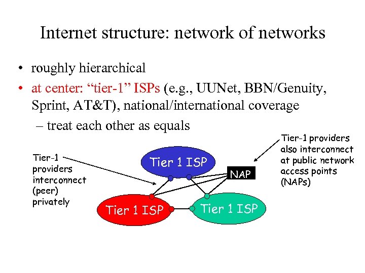 Internet structure: network of networks • roughly hierarchical • at center: “tier-1” ISPs (e.