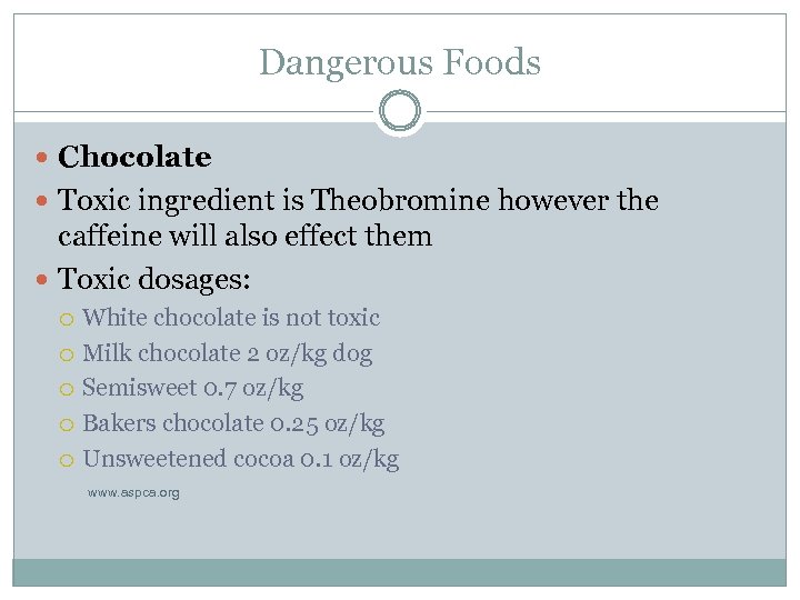 Dangerous Foods Chocolate Toxic ingredient is Theobromine however the caffeine will also effect them