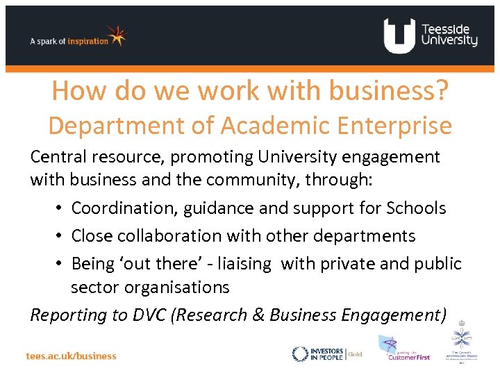 How do we work with business? Department of Academic Enterprise Central resource, promoting University