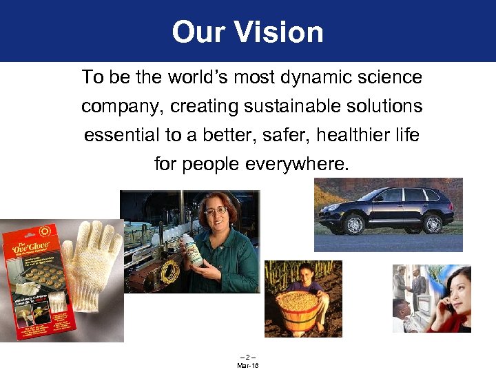 Our Vision To be the world’s most dynamic science company, creating sustainable solutions essential
