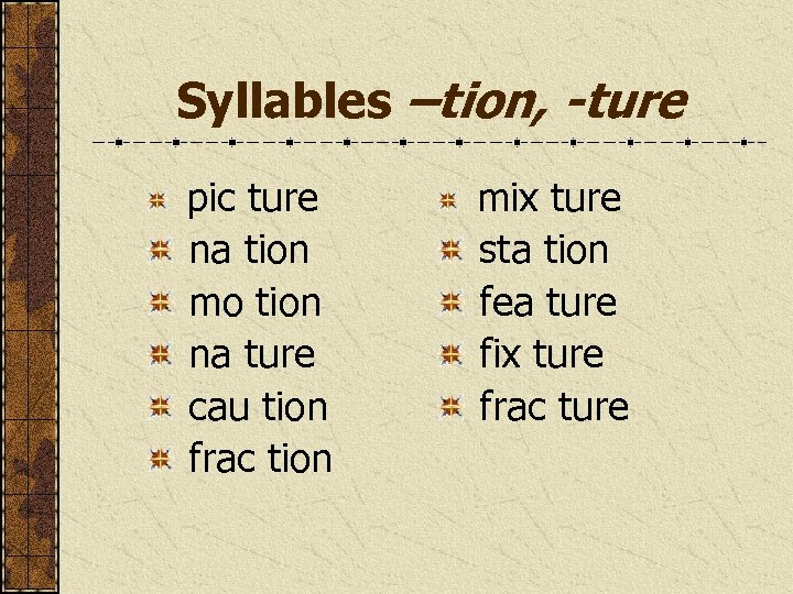 Syllables –tion, -ture pic ture na tion mo tion na ture cau tion frac