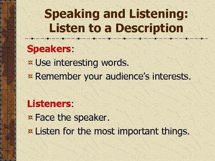 Speaking and Listening: Listen to a Description Speakers: Use interesting words. Remember your audience’s