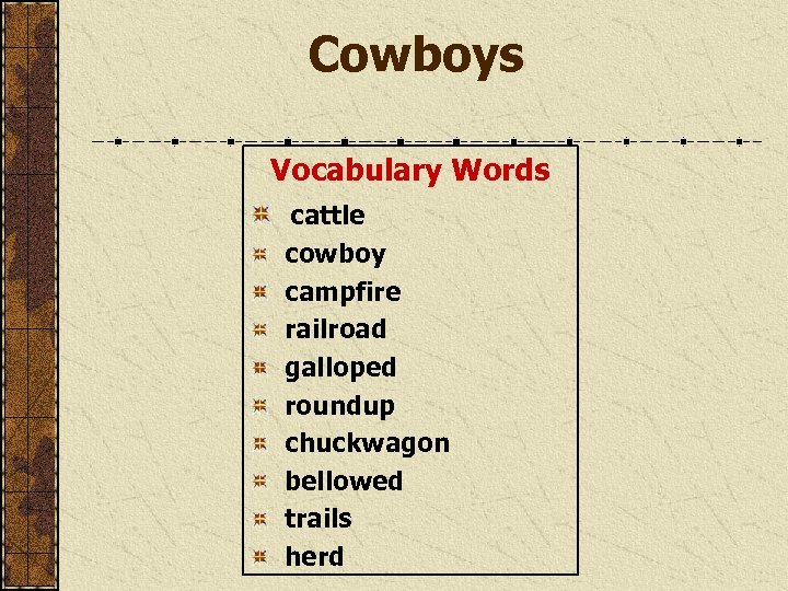 Cowboys Vocabulary Words cattle cowboy campfire railroad galloped roundup chuckwagon bellowed trails herd 