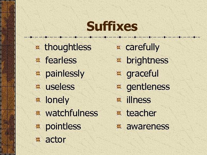 Suffixes thoughtless fearless painlessly useless lonely watchfulness pointless actor carefully brightness graceful gentleness illness