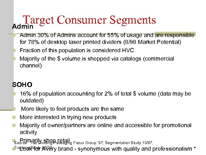 Target Consumer Segments Admin n Admin 30% of Admins account for 55% of usage