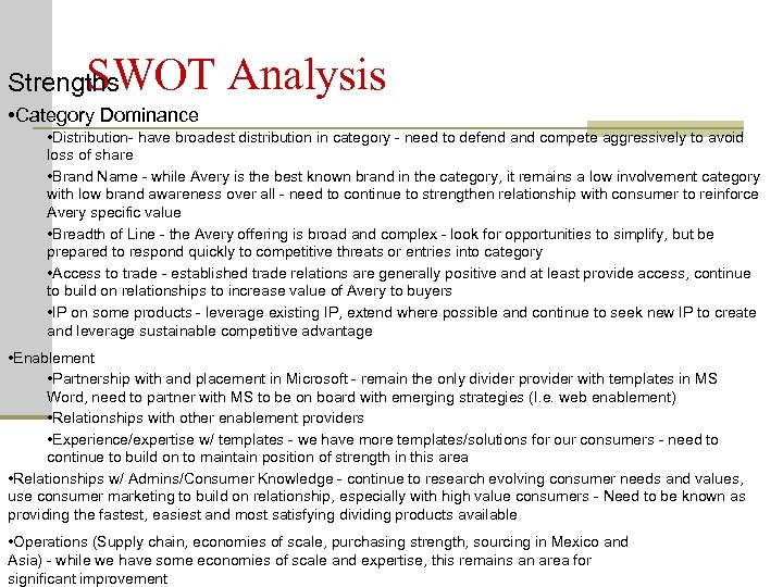 SWOT Analysis Strengths • Category Dominance • Distribution- have broadest distribution in category -