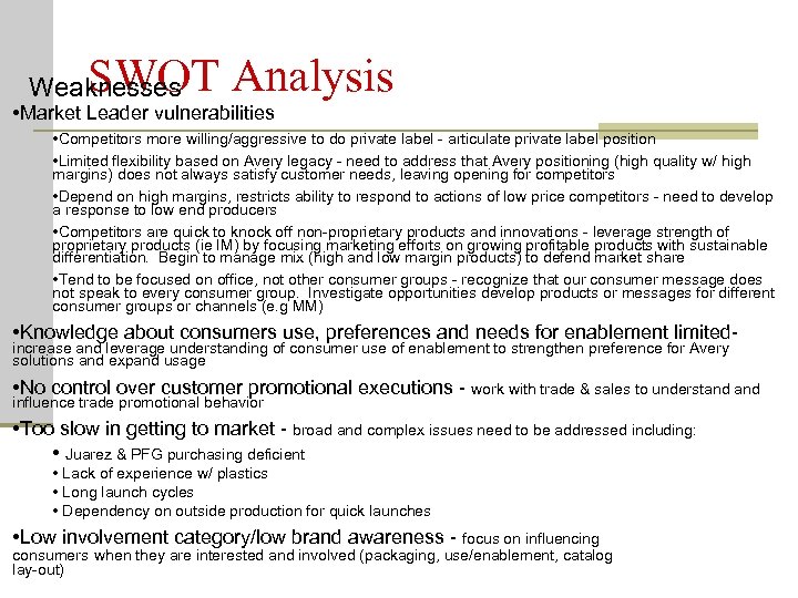 SWOT Analysis Weaknesses • Market Leader vulnerabilities • Competitors more willing/aggressive to do private