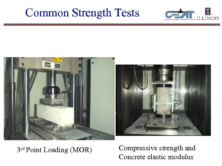 Common Strength Tests 3 rd Point Loading (MOR) Compressive strength and Concrete elastic modulus