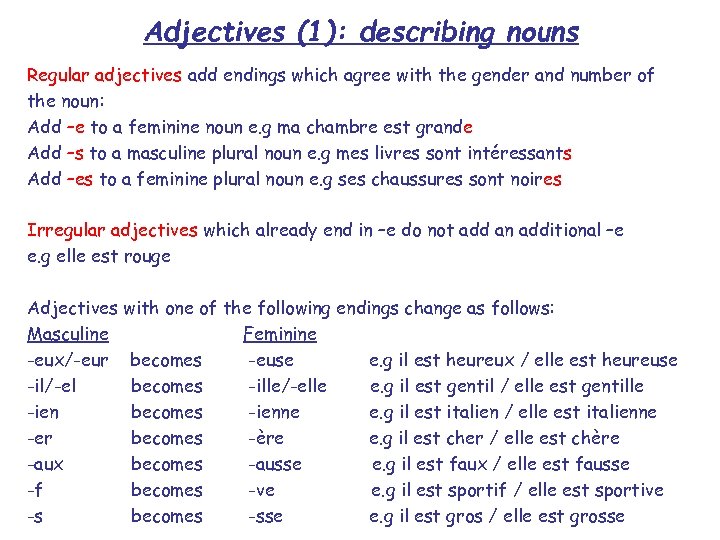 Adjectives (1): describing nouns Regular adjectives add endings which agree with the gender and