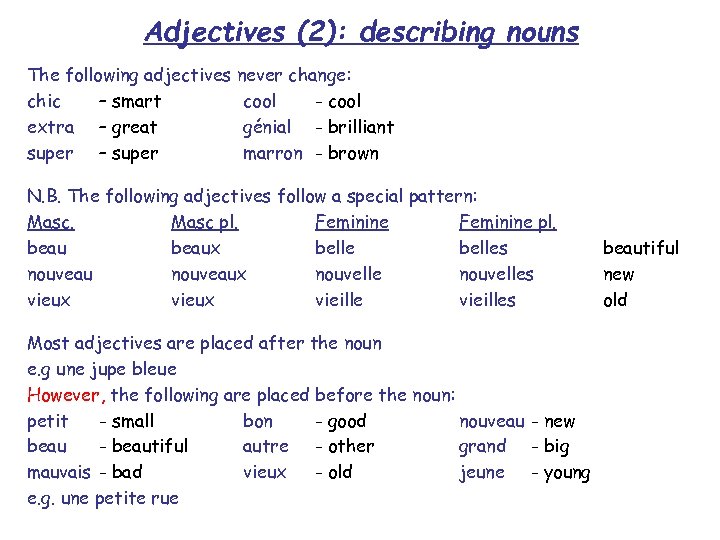 Adjectives (2): describing nouns The following adjectives never change: chic – smart cool -
