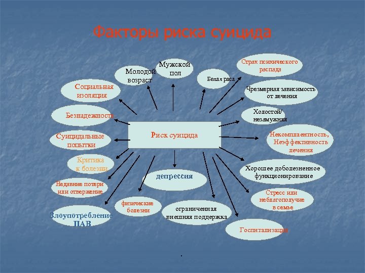 Факторы риска суицида Социальная изоляция Мужской Молодой пол возраст Страх психического распада Белая раса