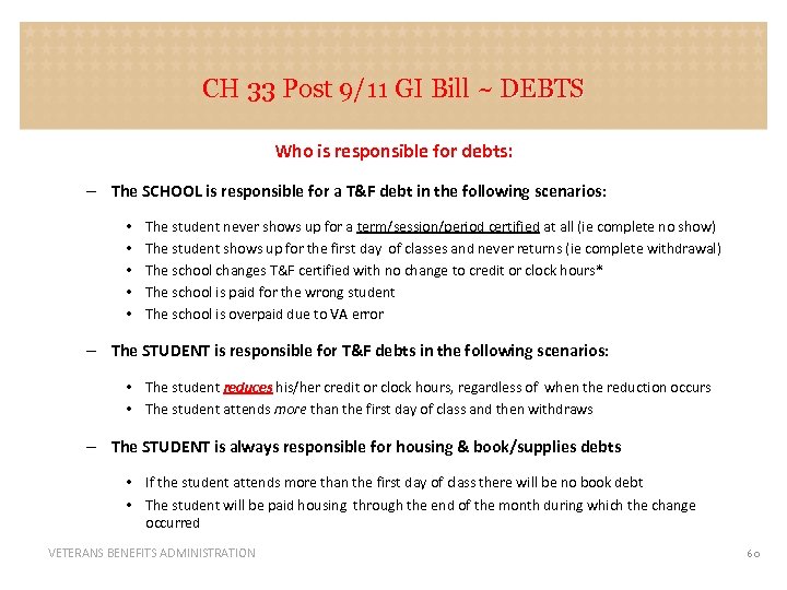 CH 33 Post 9/11 GI Bill ~ DEBTS Who is responsible for debts: –