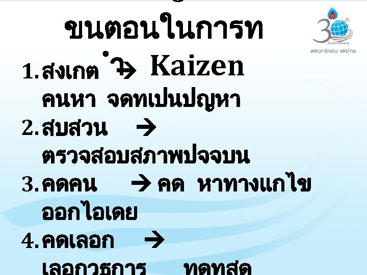 6 ขนตอนในการท 1. สงเกต ำ Kaizen คนหา จดทเปนปญหา 2. สบสวน ตรวจสอบสภาพปจจบน 3. คดคน คด