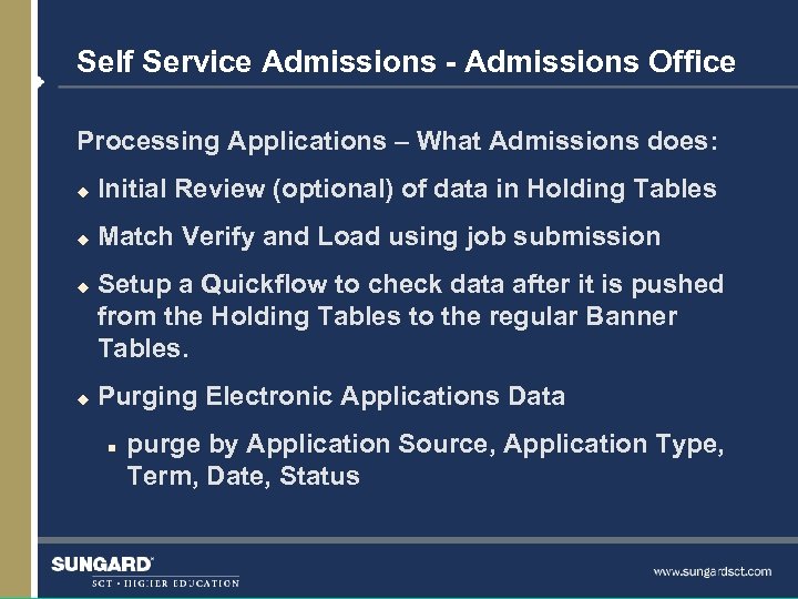 Self Service Admissions - Admissions Office Processing Applications – What Admissions does: u Initial