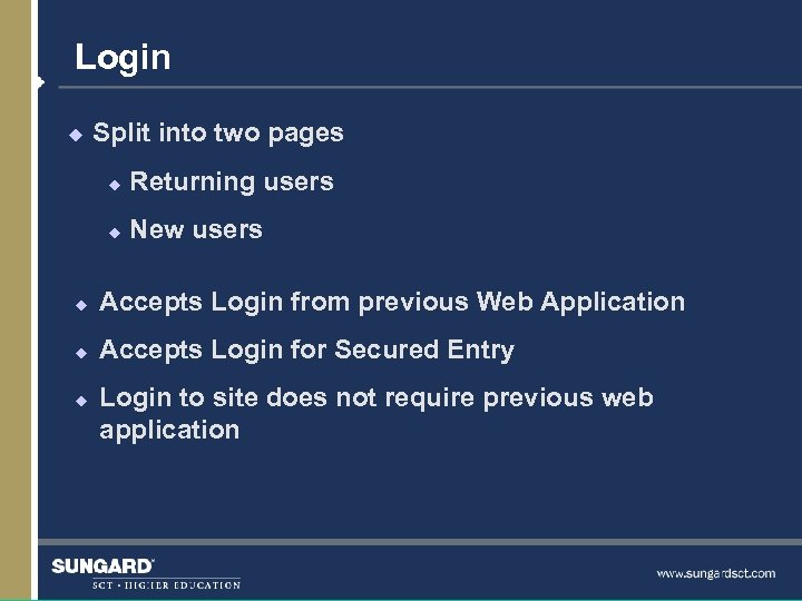 Login u Split into two pages u Returning users u New users u Accepts