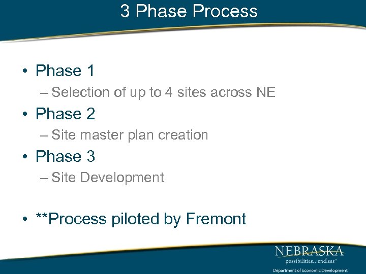 3 Phase Process • Phase 1 – Selection of up to 4 sites across