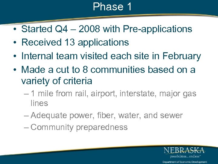 Phase 1 • • Started Q 4 – 2008 with Pre-applications Received 13 applications