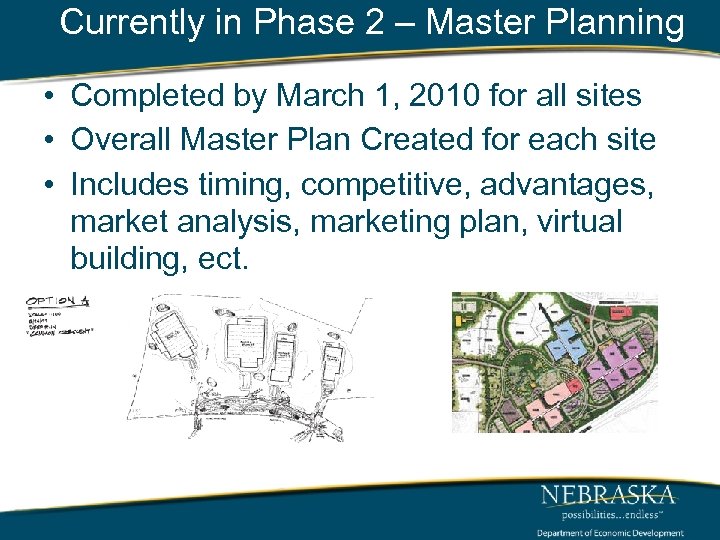 Currently in Phase 2 – Master Planning • Completed by March 1, 2010 for