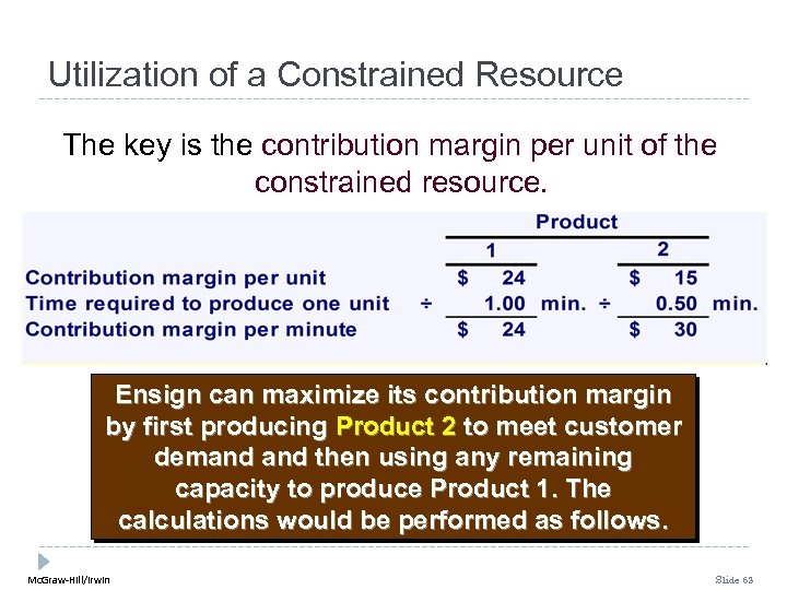 Utilization of a Constrained Resource The key is the contribution margin per unit of