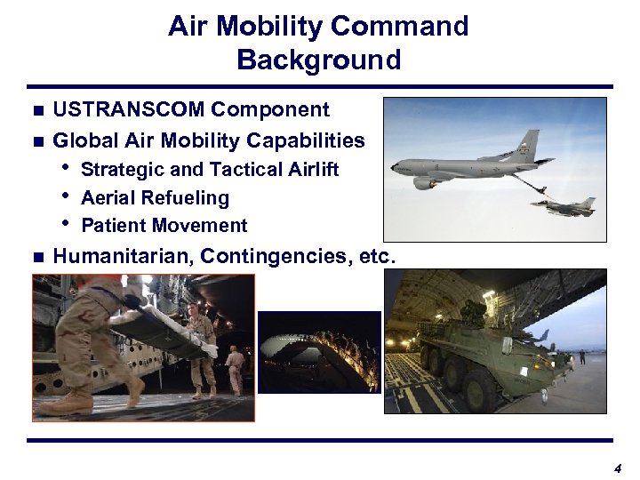 Air Mobility Command Background USTRANSCOM Component n Global Air Mobility Capabilities n • •